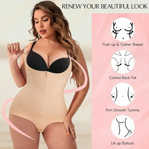 Vista 5 de MERYOSZ Fajas moldeadoras para mujer con control de abdomen, faja colombiana, faja moldeadora de cuerpo, cintura con cremallera, busto abierto, malla