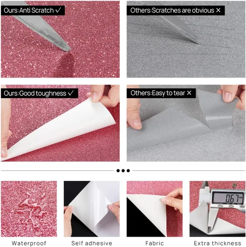 Vista 4 de Papel pintado de purpurina rosa FunStick para pegar y despegar para dormitorio de niñas Papel de contacto decorativo de purpurina rosa Papel pintado