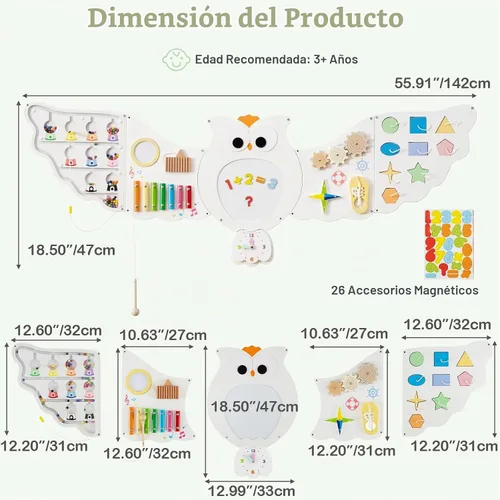 Vista 7 de Olakids Pared Sensorial de Búho, Panel de Tablero Ocupado Montessori de Madera 11 en 1 con Pizarra Blanca Magnética Espejo 26 Accesorios, Centro