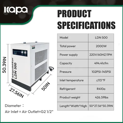 Vista 2 de kapa Secador de aire refrigerado 494.41CFM para compresor Compresor de aire de 100 HP, Sistema de secado de aire comprimido industrial, Secador