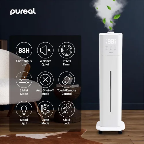 Vista 2 de Pureal Humidificador de torre de 10L, tiempo de funcionamiento 83H, niebla cálida y fría, habitación grande, tanque de llenado superior en ruedas