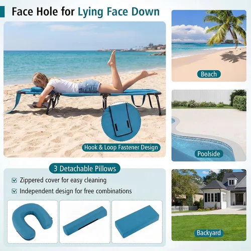 Vista 6 de GYMAX Sillón de playa, silla para tomar el sol, silla plegable ajustable reclinable con agujero para la cara