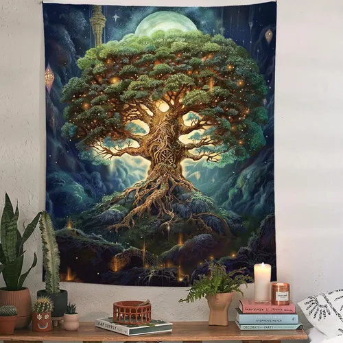 Vista 2 de Tapzen Tapiz de árbol de la vida para dormitorio, luna estrella, galaxia, bosque, naturaleza, decoración vertical de plantas bohemias para sala