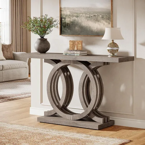 Vista 4 de Tribesigns Mesa consola de 55 pulgadas con base de madera geométrica, mesa de entrada moderna con mesa gruesa para sala de estar, pasillo, Marrón
