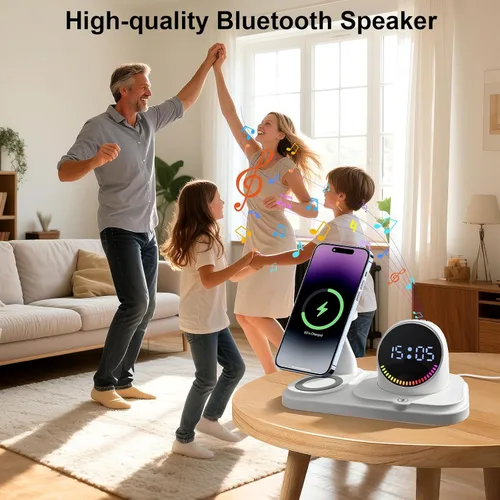 Vista 4 de Estación de carga inalámbrica 6 en 1 con función de altavoz Bluetooth, soporte de carga para múltiples dispositivos para Apple iPhone 17 16 15 14 13