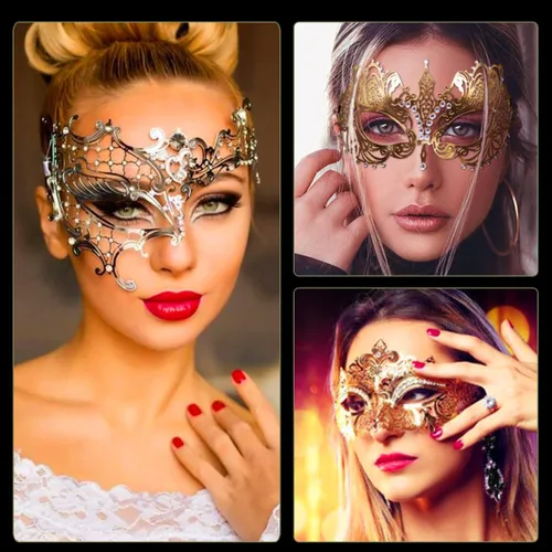Vista 4 de Máscara de mascarada para mujer, con diamantes de imitación brillantes, veneciana, fiesta, baile de graduación, máscara de metal