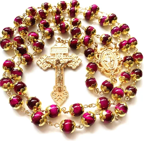 Vista 3 de elegantmedical Collar de cuentas de oración de ojo de tigre hecho a mano, rosario católico, crucifijo dorado, caja de regalo, Italia