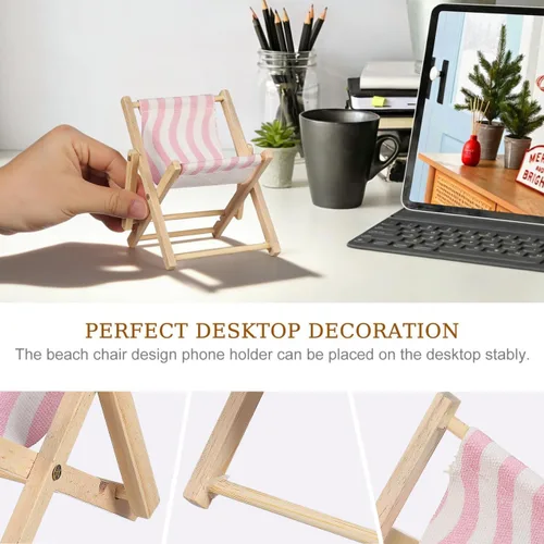 Vista 4 de Beavorty Silla de playa Soporte para teléfono móvil Soporte de escritorio de madera y lona para silla de playa de madera en miniatura, soporte