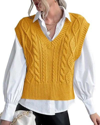 Vista 13 de Chaleco de suéter para mujer Lueluye V cuello sin mangas de punto sólido casual acanalado estilo preppy Beige