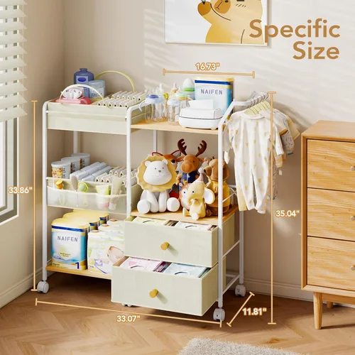 Vista 6 de BBLIKE Organizador de pañales con estante para colgar, carrito de almacenamiento de 3 niveles con cajones y bolsillos laterales para la organización