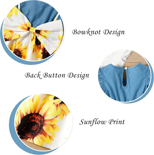 Vista 6 de PATPAT Vestidos de verano sin mangas para niña pequeña, ropa de verano para bebé, mezclilla con lazo, falda floral, vestido de verano de 3 a 24 meses