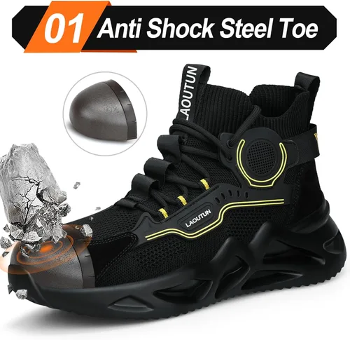 Vista 2 de LAoutun Zapatos de punta de acero para hombres y mujeres, zapatos de trabajo de seguridad, cómodos, ligeros, a prueba de pinchazos, zapatos
