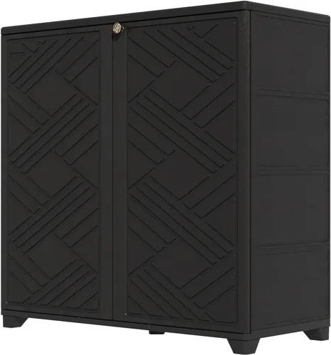 Vista 9 de HOMSPARK Armario de almacenamiento para interiores y exteriores con puertas y 1 estante, caja de almacenamiento de plástico HDPE de 34 x 15 x 34