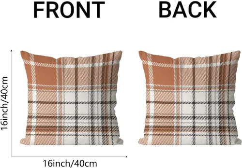Vista 5 de AOFANGGO - Juego de 2 fundas de almohada de otoño decorativas de 16x16 pulgadas. Fundas de almohada de cuadros naranja y gris, cojines de lino