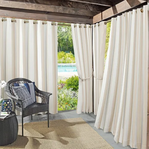 Vista 12 de Par de paneles de cortina con ojales Sun Zero Valencia estilo cabaña a rayas para interior/exterior con protección UV y eficiencia energética