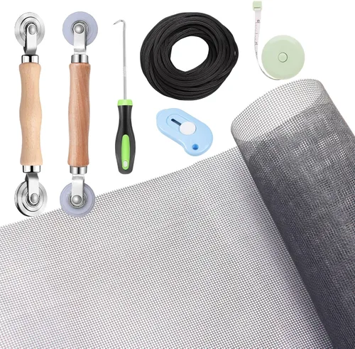 Vista 7 de Kit de reparación de mosquiteros de ventanas y puertas mosquitero, malla de fibra de vidrio color carbón de 48"x118" con herramienta de Negro