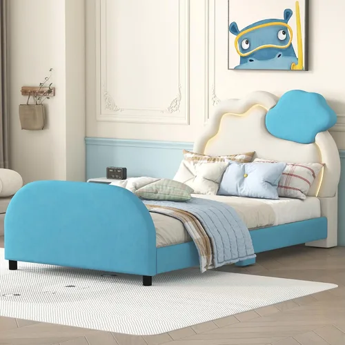 Vista 31 de Cama de plataforma tapizada de tamaño individual con cabecero en forma de oso y rayas de luz incrustadas, bonito marco de cama de plataforma