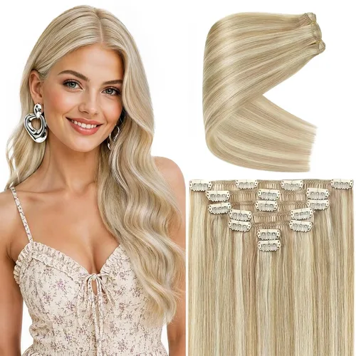 Vista 31 de Ve Sunny Extensiones de cabello clip-in de cabello humano real con reflejos, extensiones de cabello con clip para cabello corto, marrón oscuro