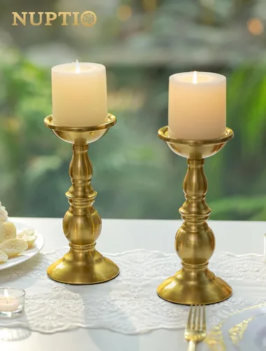 Vista 2 de NUPTIO Pillar Candle Holder Brass: Gold Tall Candles Stand for 3" Pillars Latón