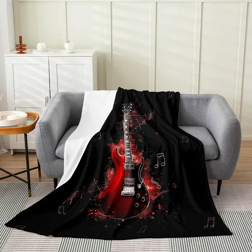 Vista 3 de Red Guitar Flannel Fuzzy Blanket,Hip Pop Music Fleece Throw Blanket Kids Girls Boys Home Room Decor,Red Fire Fashion Guitar Bed Blanket,Musical Note