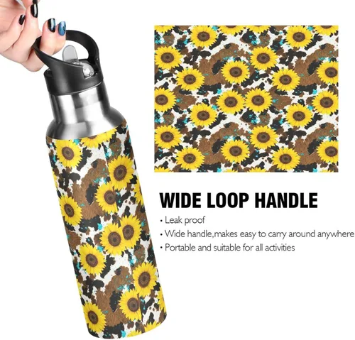 Vista 4 de Yellow Sunflowers Rustic Cow Print Stainless Steel Water Bottle 20 Oz Leakproof Water Bottles, BPA-Free Sport Water Bottle Insulated