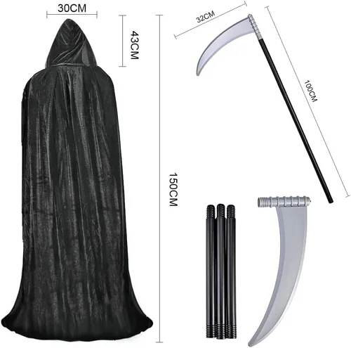 Vista 2 de Halloween Hooded Cloak Black Velvet Cloak Halloween Costumes + Scythe+Skull Mask+Skeleton Gloves Grim Party Costumes