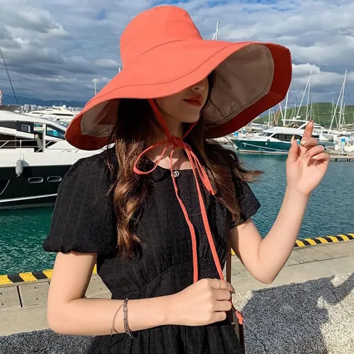 Vista 64 de Sombrero de sol de ala súper ancha para mujer, de algodón, plegable, reversible, con borde con cable, protección UV, verano, playa, viajes, jardín