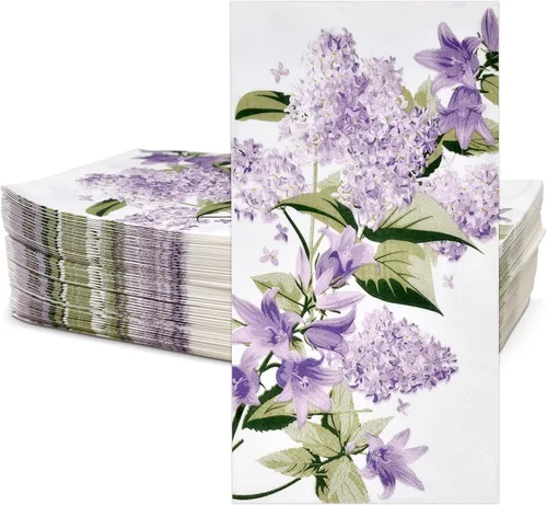 Vista 2 de 100 servilletas para invitados, diseño floral morado, 3 capas, desechables, papel lila, toallas de mano elegantes, decoración de flores