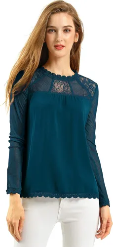 Vista 3 de Allegra K Blusa de manga larga de encaje de malla transparente para mujer