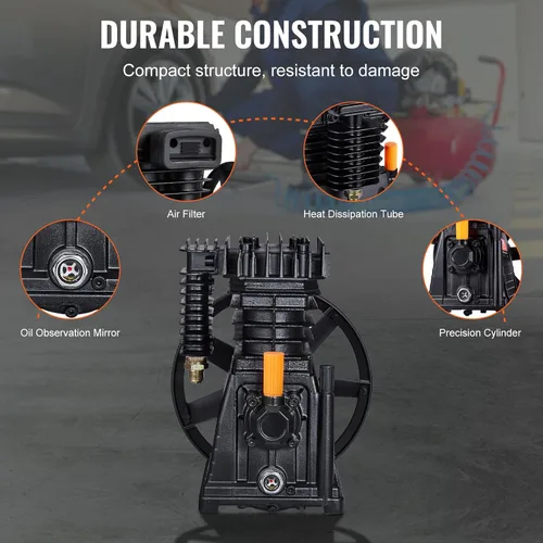 Vista 6 de VEVOR Cabezal de bomba de compresor de aire, 3HP 5.8CFM @ 90PSI, cabezal de bomba de pistón de compresor de aire lubricado con aceite de doble