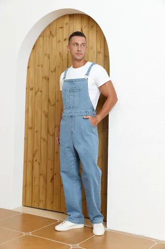 Vista 26 de Overol de mezclilla para hombre, ajustado, elástico, a la moda, con bolsillos