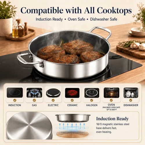 Vista 6 de DELARLO Sartén de tres capas de acero inoxidable de 10 pulgadas Sartén de freír profunda de 3QT con tapa Sartén de saltear con tapa Compatible