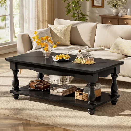 Vista 2 de Besiost Mesa auxiliar de 47 pulgadas con almacenamiento, diseño de granja de 2 niveles, patas de madera maciza, mediados de siglo para sala de Negro