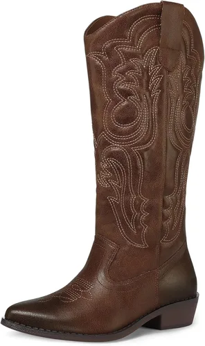 Vista 15 de mysoft Botas vaqueras para mujer de media pantorrilla bordadas estilo occidental de punta puntiaguda con tacón grueso tipo pull-on hasta la rodilla