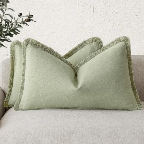 Vista 31 de Foindtower Fundas de almohada decorativas de lino con flecos de 16 x 16 Verde abundante