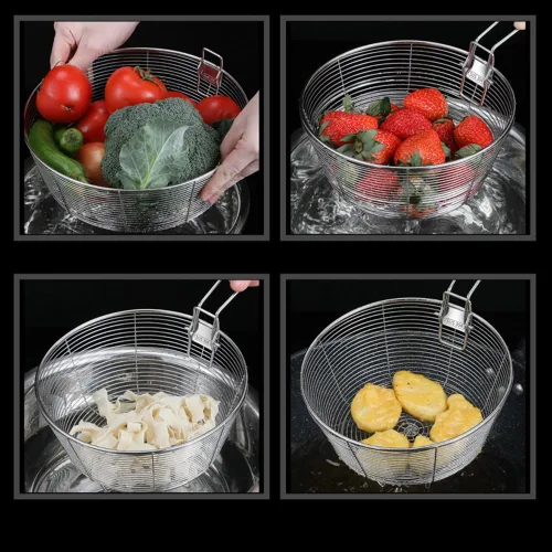 Vista 6 de Cesta de acero inoxidable para freír servir alimentos, cesta multifuncional con mango desmontable, malla de alambre redondo, frituras francesas