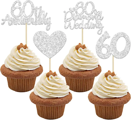 Vista 8 de Gyufise 24 adornos plateados para cupcakes de 25 aniversario, boda, aniversario de 25 años, decoración de pastel de corazón para 25 decoraciones