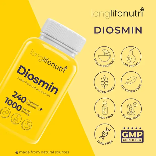 Vista 7 de Diosmin Fórmula avanzada de 1000 mg – 240 cápsulas para apoyo de salud circulatoria, suministro de 4 meses, sin OMG, fabricado en Estados Unidos