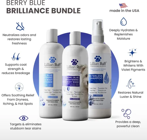 Vista 2 de Lillian Ruff PRO Formula Berry Blue Brilliance Bundle – Juego Eliminador Definitivo de Manchas de Lágrimas y Olores, Incluye Champú Berry Blue