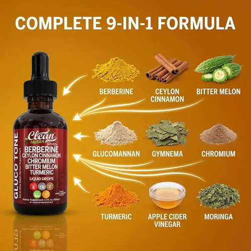 Vista 6 de Clean Nutra Berberine con suplemento de canela de Ceilán gotas líquidas + extracto de melón amargo, glucomanano, gimnasia, cromo, cúrcuma, panax