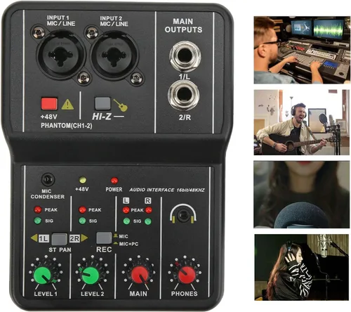 Vista 3 de Mezclador de dos canales más barato, mezclador de sonido pequeña interfaz de grabación de audio, 2 canales mezclador de audio USB 48V Power Compact