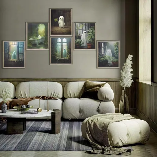 Vista 5 de Dizfen 6 piezas de lienzo divertido de fantasma, arte de pared, póster vintage de Halloween, lindo fantasma, pintura de fantasma, imágenes
