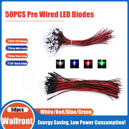 Vista 3 de Walfront Luces LED, 50 lámparas redondas precableadas blancas de 0.394 in para proyectos de ciencia y electrónica de 3/5/0.394 in, tamaños DC9-12V