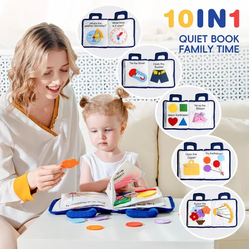 Vista 3 de Jollybaby Libros suaves y ocupados de 10 páginas, mi libro tranquilo, juguete de viaje y educación sensorial Montessori, juguete de actividades