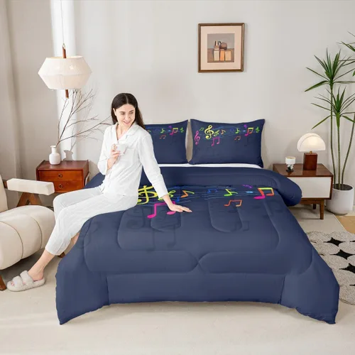 Vista 5 de Feelyou Juego de ropa de cama con diseño de arco iris, juego de edredón para niños, niñas, decoración de notas musicales, edredón de microfibra