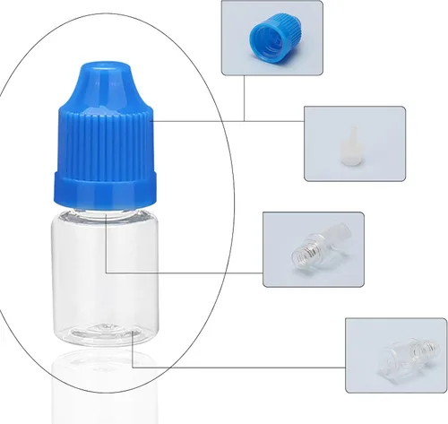 Vista 7 de 10 botellas de gotero transparentes de plástico vacías de 0.2 fl oz E-jugo E-líquido a prueba de niños, tapa azul