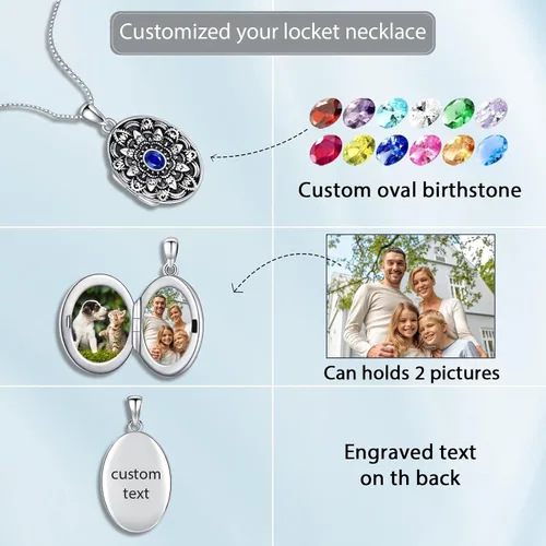 Vista 6 de Shusukue Collar con medallón de forma redondacorazónovalada que sostiene imágenes, plata de ley 925, fotos de piedra natal personalizadas, colgante