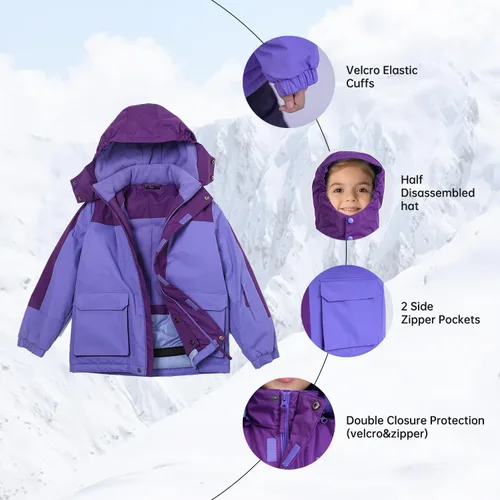 Vista 24 de Chaqueta de esquí impermeable para niñas, chaqueta de snowboard para exteriores, resistente al viento, con forro polar, abrigo de nieve cálido