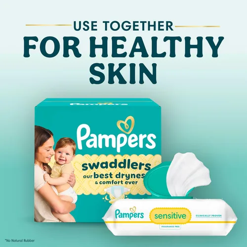 Vista 14 de Pampers Pañales Swaddlers, talla 4 (15-34 libras), 150 unidades, sin fragancia, hipoalergénicos, absorbentes, recomendados por pediatras, seguros