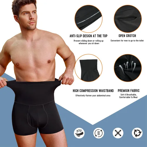 Vista 2 de TAILONG Pantalones cortos con control de abdomen para hombre, cintura alta, adelgazante, moldeador, sin costuras, cintura para el vientre